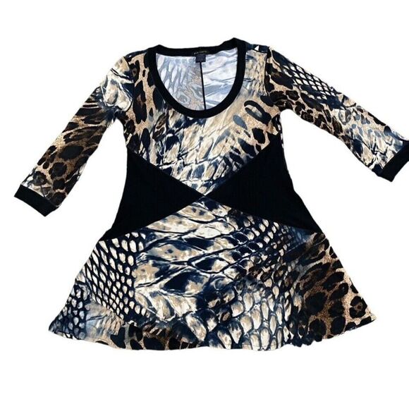 Eva Varro Slinky Tunic Top Bold Animal Mixed Print Black Contrast 3/4 Slv Size S - Picture 2 of 6